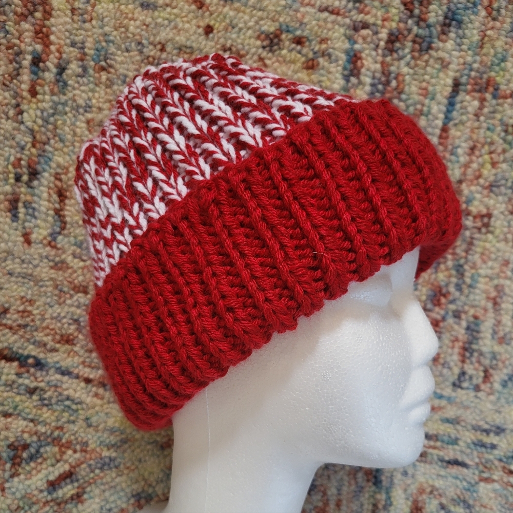Hand Crafted unisex rib knit winter beanie hat size Adult medium to large
